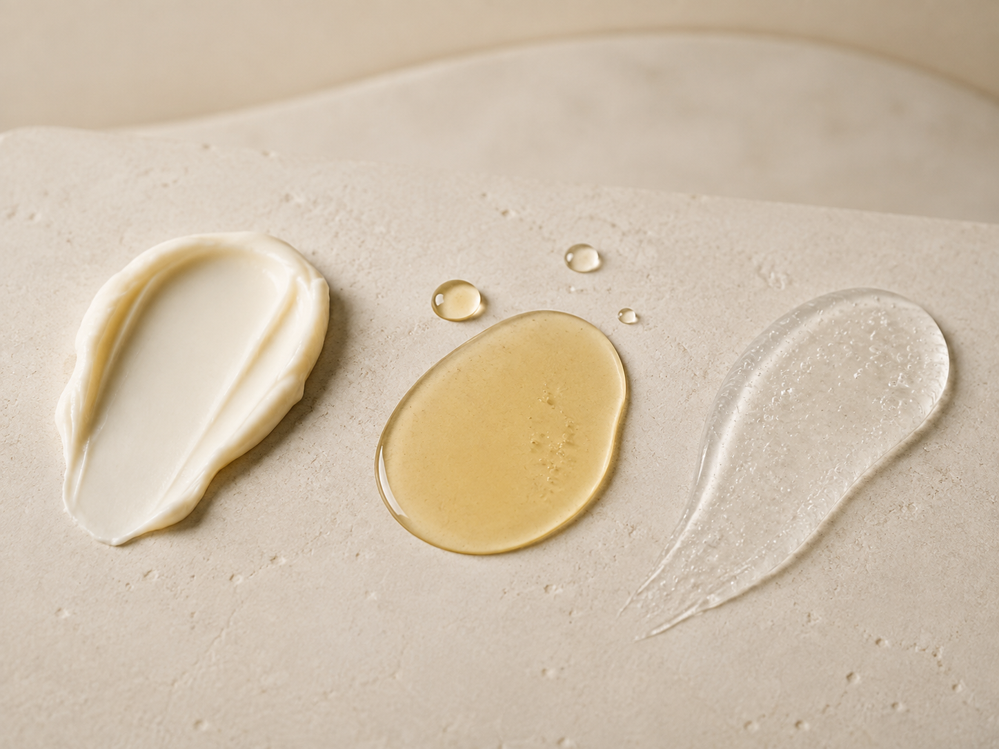 Natural balm, golden oil, and gentle cleansing gel textures